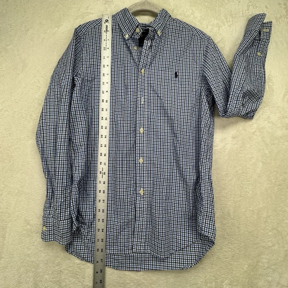 Ralph Lauren Button Up Shirt Boys L 14-16 Blue Gingham Pony Logo Preppy